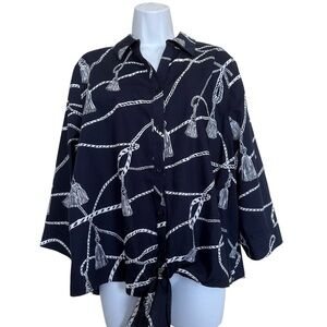 Chico’s Women’s Sz 3(XL) No Iron Tassel Rope Print Tie Waist 3/4 Sleeve